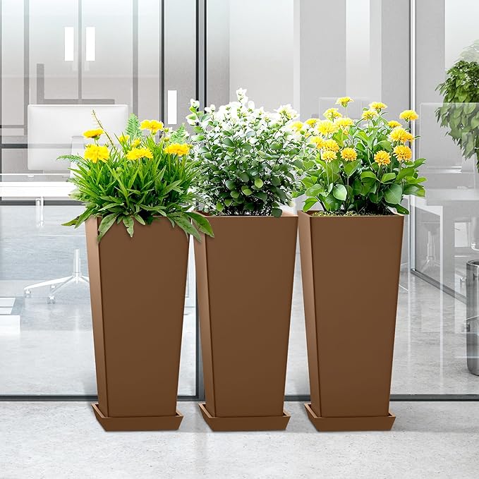 24 Inch Tall Tapered Square Planters (Set of 2) - Indoor Outdoor Large Flower Pots with Built-in Drainage & Matching Water Tray for Patio, Garden, Home - Brown