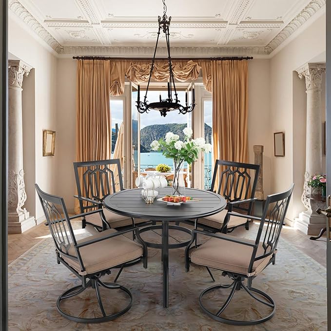 MFSTDIO 5 Piece Metal Patio Dining Set, 4 Swivel Armrest Chairs with Cushion and 37.8" Round Table with 1.57" Umbrella Hole Outdoor Furniture Set,Black