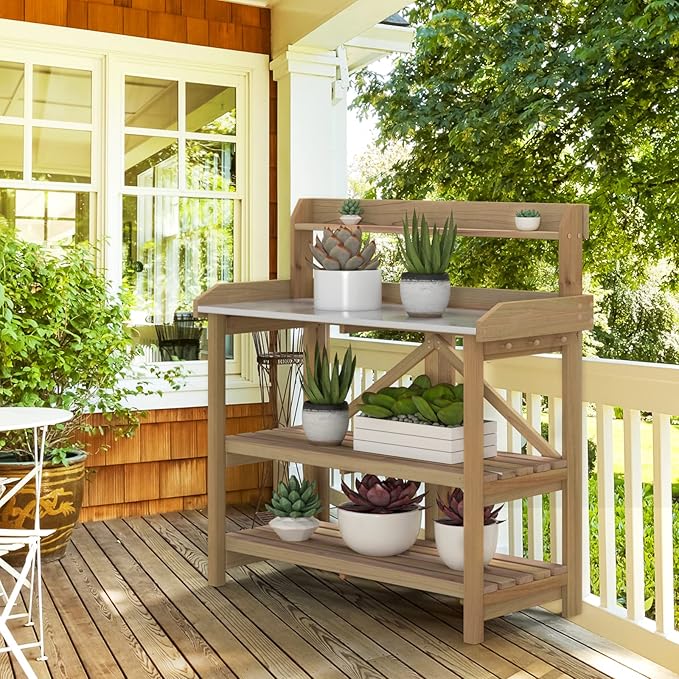 S AFSTAR Garden Potting Bench, Gardening Work Station Table with 2 Storage Shelves, Fir Wood Structure & Metal Tabletop, Garden Table Potting Benches for Outside, Backyard & Balcony