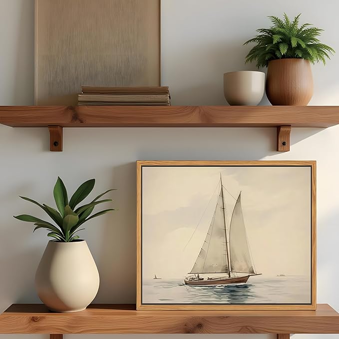 Floating Framed Canvas Wall Art, Vintage Sailboat Ocean Picture Wall Decor, White Sailboat Seascape Poster Print Painting for Living Room Bedroom Bathroom Office Home Decor 8x10 inch