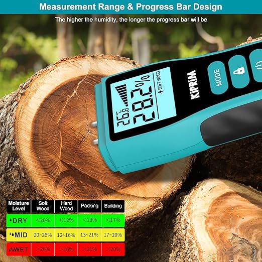 Kiprim Pin-Type Moisture Meter for Wood, Wall, Packing, Building – Digital Moisture Detector with LCD Display, Temperature (°C/°F), Hold Function, 4 Material Modes, Replacement Pins Included WM02