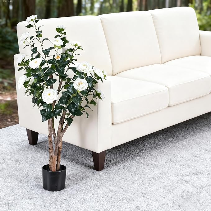 2pc 4ft Decorative Artificial Camellia Tree with White Flowers, Potted Faux Floral Plant, Realistic Blooming Fake Plants for Indoor Outdoor Home Front Door Planter Decor