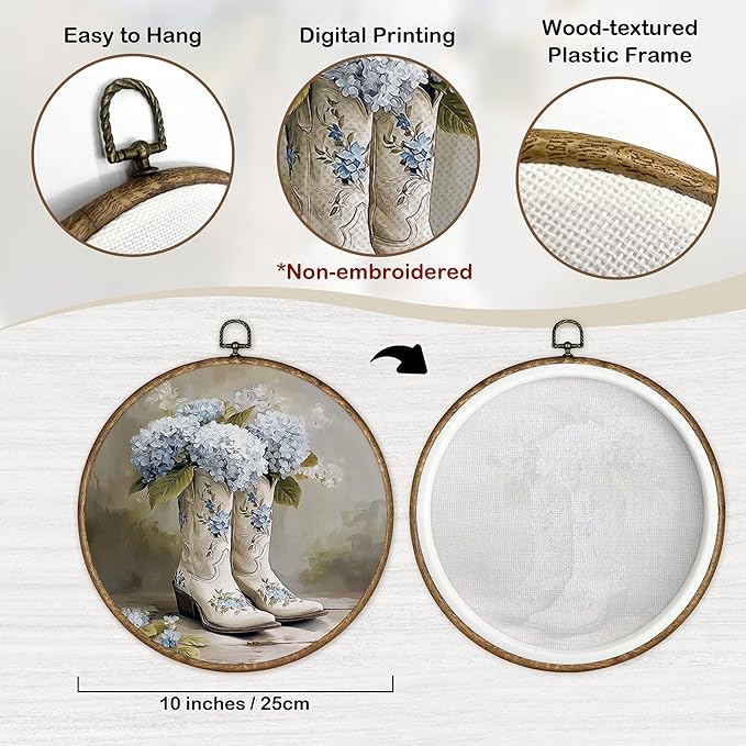 TLESKE Hydrangea Western Cowgirl Boots Round Wall Art Decor Framed 10x10, Chinoiserie Preppy Floral Canvas Wall Art Prints Artwork, Vintage Blue And White Wall Hanging Room Door Decor for Bedroom