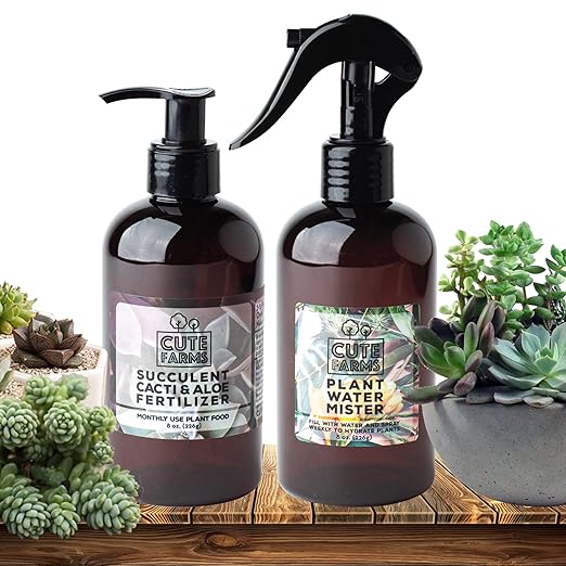 Cute Farms Succulent, Cacti, & Aloe Fertilizer | Gentle Monthly Use Formula Plant Food (8 oz. Bottle + ONE Fine Mist Spray Bottle)