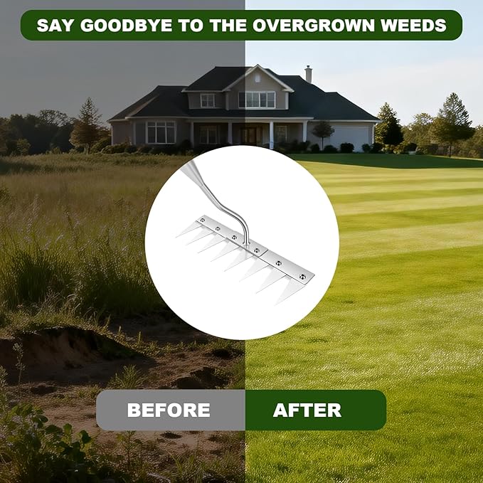 Weeding Rake Heavy Duty w 45’’ Ergonomic Curved Handle, 2026 Upgraded 8 Teeth Stainless Steel Weed Puller Tool w Weeding Blade, Cultivator Rake Gardening Tools for Yard, Flower Beds & Loosening Soil