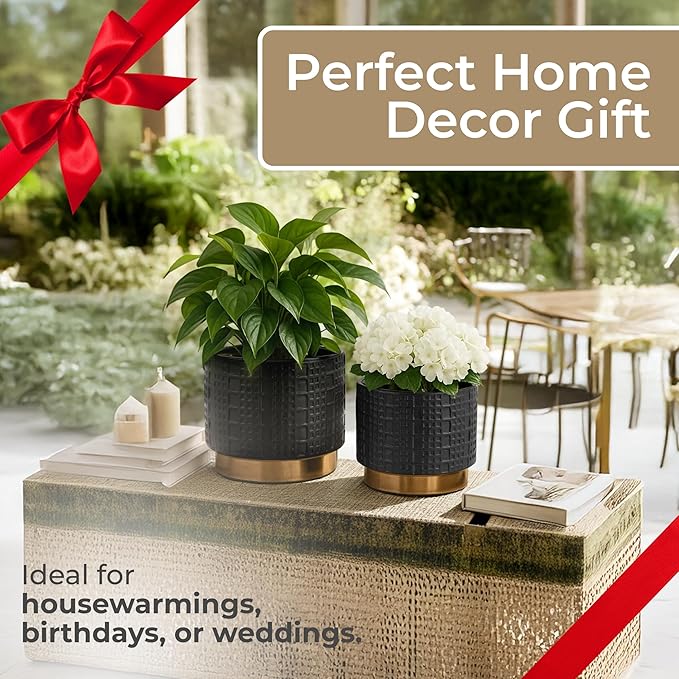 Set of 2 Mesh Metallic Decorative Planter Pot with Gold Accents – Ceramic Stoneware Outdoor & Indoor Plant Pot – Modern Garden & Home Decor Planters – 6" & 7", Black