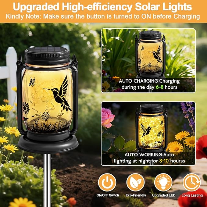 Hummingbird Solar Lanterns Outdoor Waterproof -Birthday, Mothers Day Gifts for Women Mom Grandma, Mason Jar Garden Lights for Patio, Yard, Porch, Balcony, Durable Garden Decor