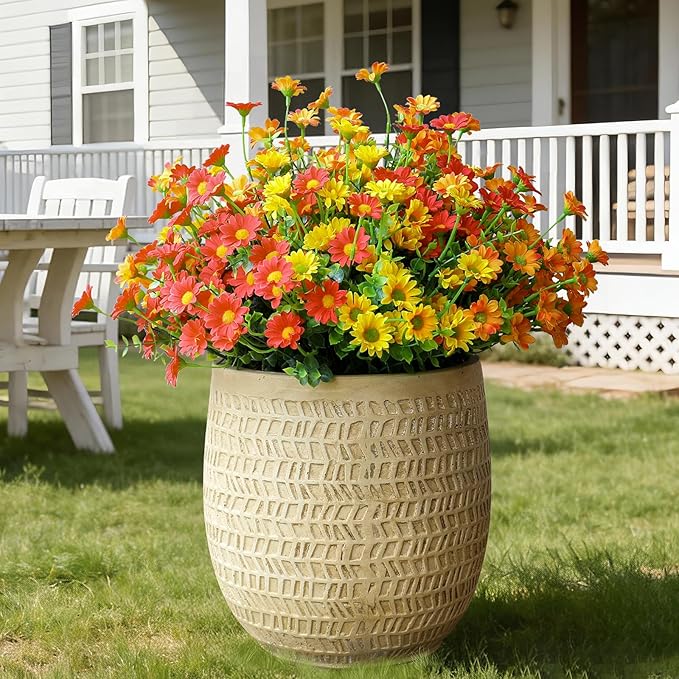 alyptus Faux Flowers Outdoor Artificial Flowers – 12 Bundles UV Resistant Fake Flowers for Spring Summer Planter Porch Patio Yard Garden Decoration(Red 5, Orange 5, Yellow 2)