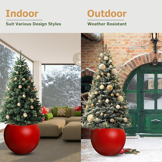 9.7" H x 12" D Globo Fiberstone Round Planter with Drainage Hole, Smooth Finishes, Weather Resistant for Indoor and Outdoor Use, Included 2 Extra Coco Mats (Red, 7.8" Pot Opening)