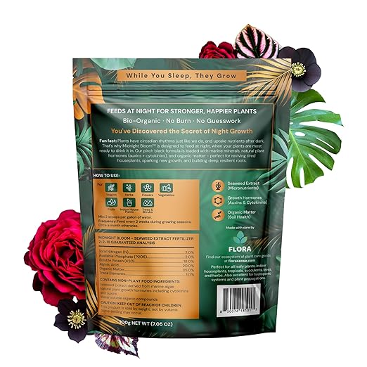 Flora Midnight Bloom Organic Seaweed Fertilizer Powder β 200g | Bio-Organic Plant Food for Indoor & Outdoor Plants | Fast Root Growth & Leaf Boost | Feeds at Night | 35+ Waterings