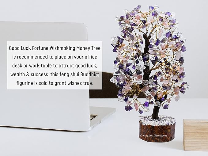 Large Amethyst Rose Quartz Clear Quartz Natural Healing Premium Crystal Bonsai Feng Shui Fortune Money Tree of Life for Home Office Decor Gift Box Ready