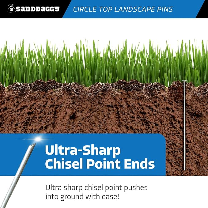 Sandbaggy 12-inch Circle Top Pins - Landscape Staples (Galvanized) - Garden Stakes for Landscaping, SOD - Heavy Duty Ground Stakes, Lawn Turf Spikes, Christmas Decorations, Weed Mats (150 Pins)