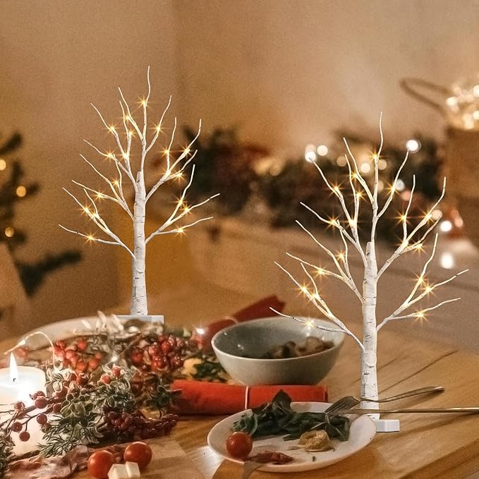 PABIPABI Christmas Decorations 2 Pack Lighted Birch Tree, Artificial Tree with 24 LED Warm White Lights Battery Powered Timer Room Decor, Tabletop Ceterpieces Trees for Home Party Wedding Decor (2FT)