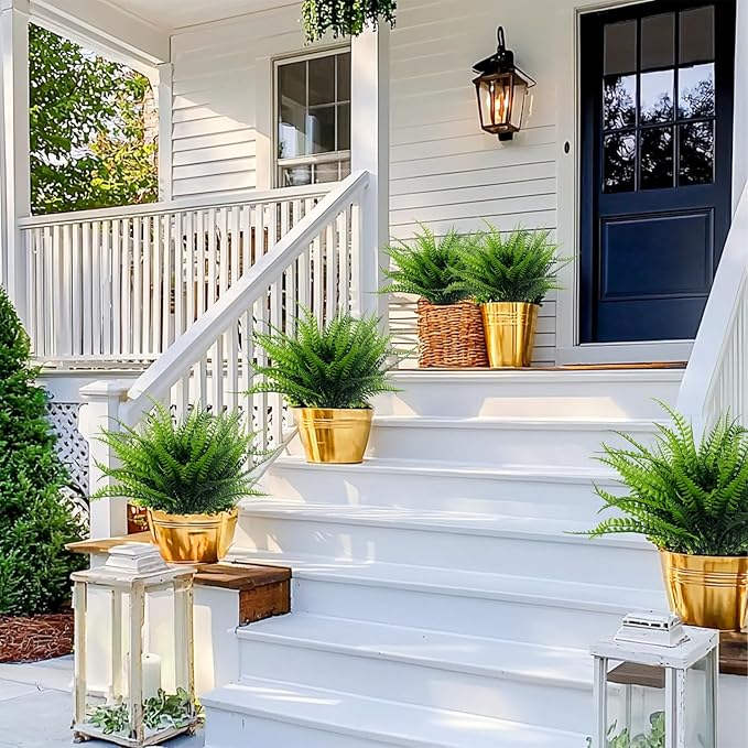 TURNMEON 12 Bundles Fake Boston Fern Artificial Plants Outdoor Spring Decor, UV Resistant Faux Plants Flowers Plastic Greenery Shrubs for Outside Indoor Home Gardens Patio Yards Porch Summer Decor