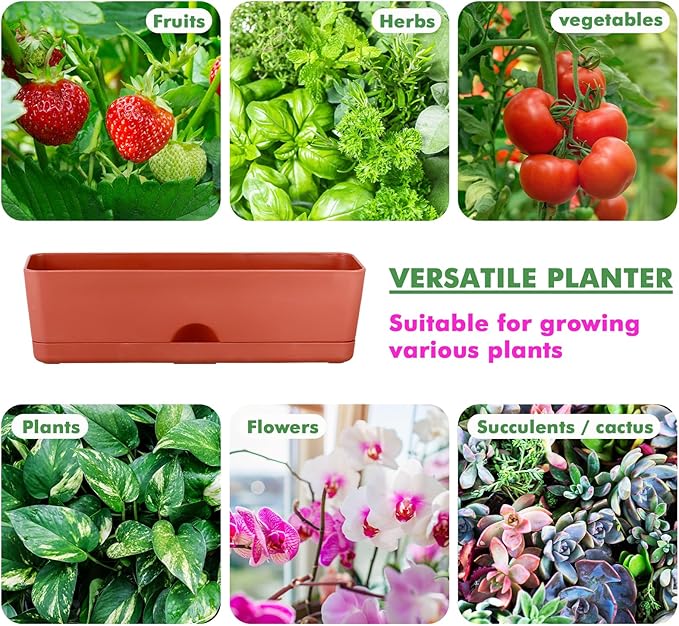 6-Pack Large Window Boxes16 Inch Rectangle Plant Box Rectangular Planters for Outdoor and Indoor Plants Plastic Windowsill Plant Pots for Herbs Vegetable Flowers Long Window Sill Planters