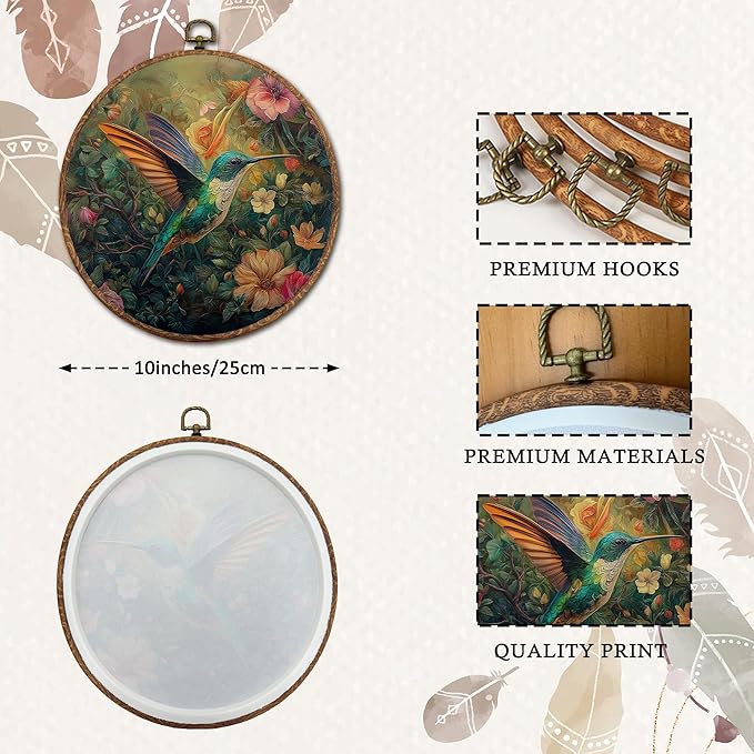 DEQSX Vintage Floral Hummingbird Round Wall Art, Rustic Nature Cottagecore Flower Botanical Bird Wall Decor Canvas Prints Posters for Home Bedroom Living Room, 10x10 Inches