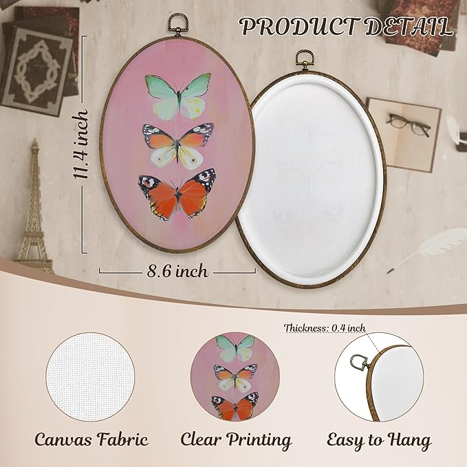 LKETW Butterfly Oval Wall Art Decor, Colorful Butterfly Oval Canvas Hanging Decor, Nature Insert Pink Wall Decorations for Girly Room Bedroom Home Living Room Office, 8.6x11.4 Inch