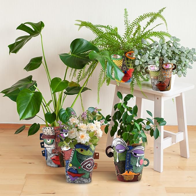 Brutalist Abstract Face Planters Pots, Unique Abstract Flower Pot Head Planter Pot Ornaments Resin Picasso Flowerpot with Drainage Hole for Indoor and Outdoor Plants Home Decor (Serious)