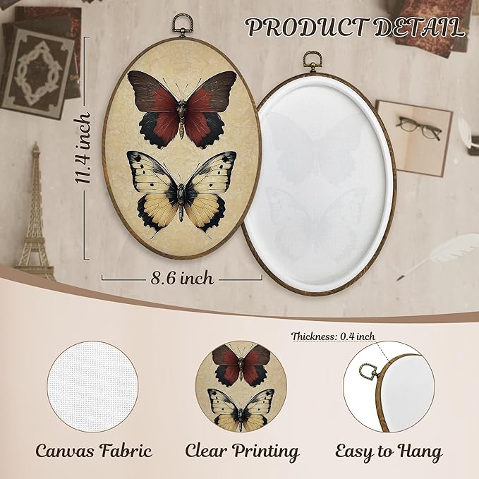 LKETW Vintage Butterfly Oval Wall Art Decor, Retro Cottagecore Butterfly Oval Canvas Hanging Decor, Retro Whimsical Moth Insect Wall Decorations for Home Living Room Bedroom, 8.6x11.4 Inch