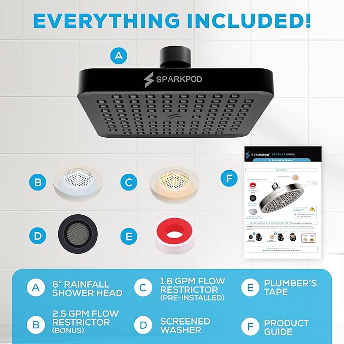 SparkPod Shower Head - High Pressure Rain - Premium Quality Luxury Design - 1-Min Install - Easy Clean Adjustable Replacement for Your Bathroom Shower Heads (Midnight Black Matte, 6 Inch Square)