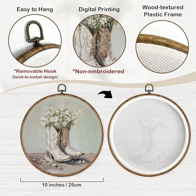 TLESKE White Preppy Western Cowgirl Round Wall Art Decor, Vintage Cowgirl Boots Framed Canvas Prints Wall Art Artwork, Wall Hanging Room Door Decor for Teen Girls Room Dorm Bedroom, 10x10