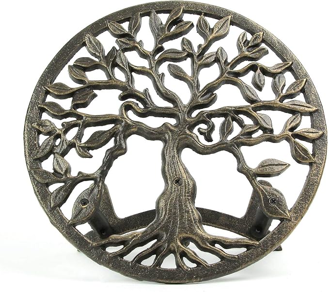 Cast Iron Tree of Life Decorative Wall-Mounted Garden Hose Hanger - Stylish Outdoor Hose Holder Décor with a 12-Inch Diameter - Weather-Resistant Aged Bronze Finish
