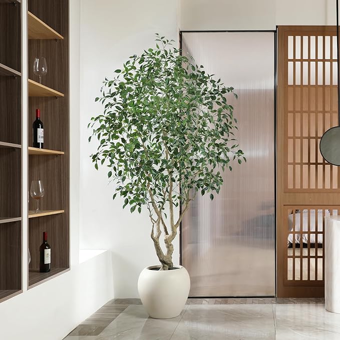 Ficus Tree Artificial Indoor, 8 Feet Tall Faux Ficus Tree with Round Artisan Planter, Premium Handmade, Realistic Trunk & Lifelike Leaves, Perfect for Large Spaces & Elegant Home/Office Decor