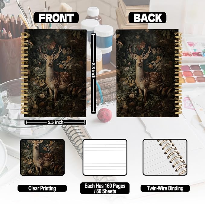 XPH William Morris Deer Spiral Notebook, Dark Cottagecore Journaling Notebooks for Note Taking, Vintage Botanical Buck Hardcover Journal for Writing 160 Pages 5.5 x 8.3 Inch, Deer Gifts for Women