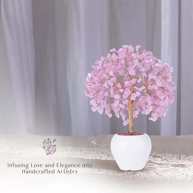 Rose Quartz Stone Chakra Crystal Tree Money Tree Feng Shui Gemstone Tree of Life with Pot Base, Good Luck Tree Christmas Home Office Desk Crystal Decor Ornaments, for Emotional Healing, Heart Chakra