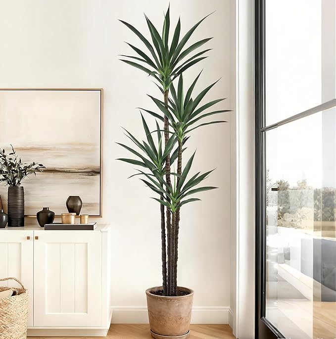 Artificial Agave Tree 7FT with 60 Leaves & 4 Trunks & Elegant Black Pot Realistic Tall Large Fake Faux Modern Tree 84 Inch for Indoor Home Office Porch Store Corner Decor Housewarming Gift