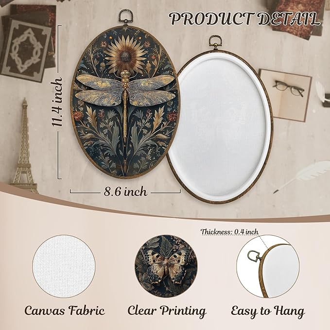 LKETW Vintage Moody Butterfly Dragonfly Oval Wall Art Decor, Dark Cottagecore Oval Canvas Hanging Decor, Rustic Wildflower Insect Wall Decorations for Home Living Room Bedroom, 8.6x11.4 Inch Set of 2