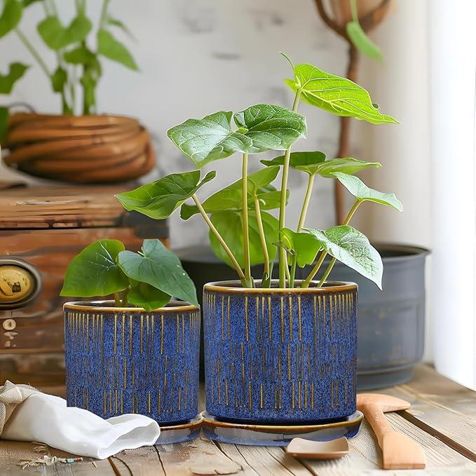 Ceramic Plant Pots with Drainage Holes, Set of 2, 4.3+5.1 Inch Stripe Garden Planter Pots for Outdoor Indoor Plants Flower, Round Succulent Orchid Flower Pot Blue