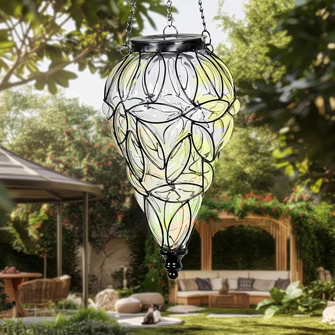 Solar Hanging Lantern Outdoor Garden Lights, Tear-Shaped Glass and Metal Hanging Lantern, 15 Firefly LED Lights, 7 x 24 Inch (Clear)