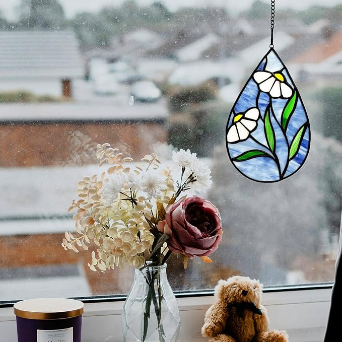 Daisy Stained Glass Window Hangings Flower Suncatcher Ornament, Handmade Tiffany Style Stained Glass Flower Decor Gifts for Women Mom Teacher,Wedding Birthday Christmas Celebration Gifts