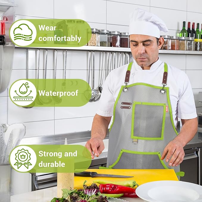 Waterproof Work Apron for Chefs, Hair Stylists, Artists, Gardeners, Adjustable, Multi-Pockets, TPU Mesh Fabric, Plus Size