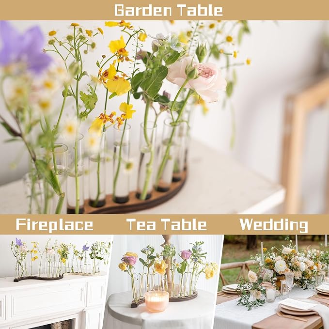 Test Tube Vases for Flowers,Small Plant Propagation Station,S Shape Plant Terrarium with Wooden Stand(Amber)