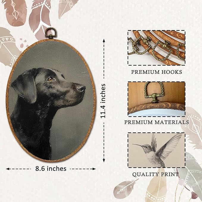 DEQSX Vintage Black Labrador Retriever Oval Wall Art, Black Lab Gifts, Moody Dark Academia Farmhouse Dog Wall Decor Canvas Prints Posters for Home Bedroom Living Room, 8.6x11.4 Inches