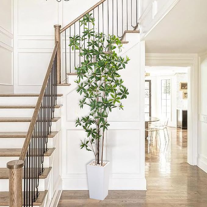 Artificial Brave Ficus Tree 7FT-Faux Tree with White Tall Planter-Fake Potted Tree with Silk Leaves-Tall Artificial Plants for Home Office Living Room Hallway Decor Indoor