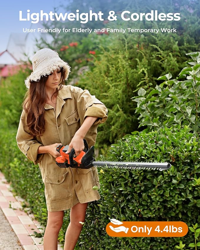 20'' Hedge Trimmer Cordless with 2pcs 4000mAh Battery, Electric Handheld Bush Clipper with Rechargeable Batteries, 3000RPM 180° Rotatable Head, 2/3'' Blade Gap Orange
