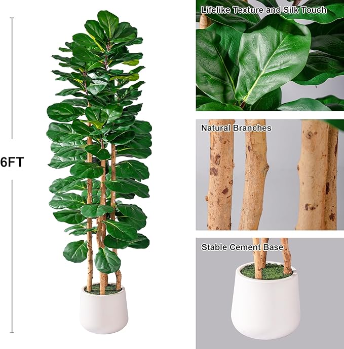 Artificial Fiddle Leaf Fig Tree 6FT, Faux Fig Tree Indoor with Natural Wood Trunk & Realistic Leaves with Moss Pot Fake Ficus Tree Large Faux Floor Plant for Living Room Home Decor, House Plant