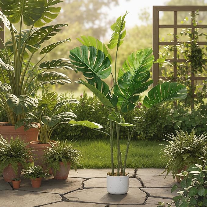 4FT Artificial Monstera Plant - Realistic Fake Tropical Palm Tree for Home Decor - Large Faux Monstera Deliciosa with Bendable Stems - Indoor Outdoor UV Resistant