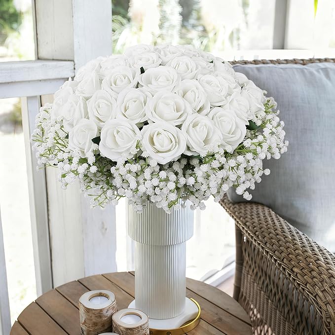 HyeFlora 35 PCS White Roses Artificial Flowers 15 PCS Fake Baby Breath Realistic Fake Flowers Bouquet with Stem for DIY Wedding Party Home Decoration Vase Tables Centerpieces Arrangements Gift for Her