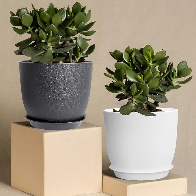 4Pack 8 Inch Flower Pots Planters for Indoor Outdoor Plastic Plant Pots with Drainage Hole and Saucers Modern Decorative Garden Pot, White