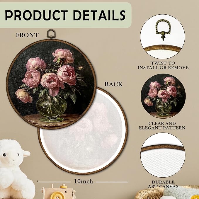 cvjutf Antique Pink Peony Floral Wall Art Decor Framed, Rustic Country Flower Round Wall Decor, Vintage Peony Floral Canvas Prints Art for Gallery Bathroom Living Room Bedroom, 10x10 Inch