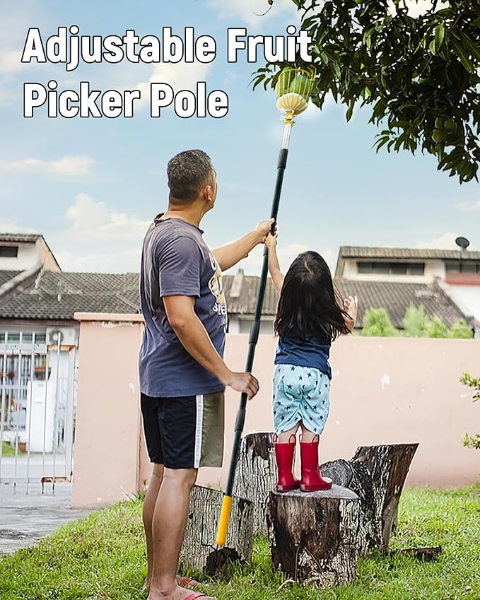 13.5FT Fruit Picker, Apple Picker Tool with Adjustable Pole and Basket, Long Reach Mango Grabber Tool, Tree Fruit Catcher for Picking Lemon Pear Orange Avocado Peach Citrus