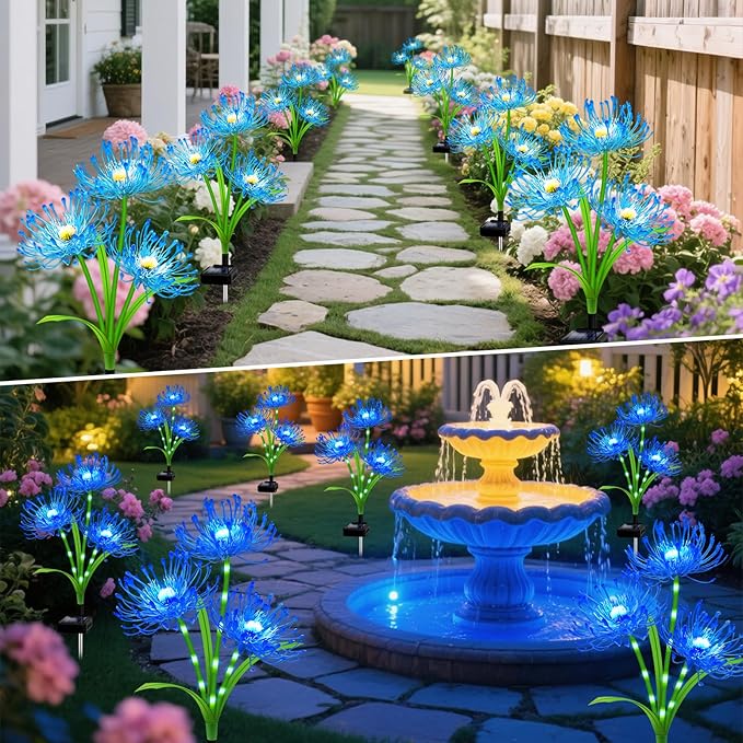 Solar Garden Flower Lights Outdoor,4 Pack 12-Head Blue Spider Lily Waterproof with Glowing Stems,Elegant Yard,Patio & Law Decor,Ideal Halloween & Gardening Gifts for Women,Mothers & Grandma