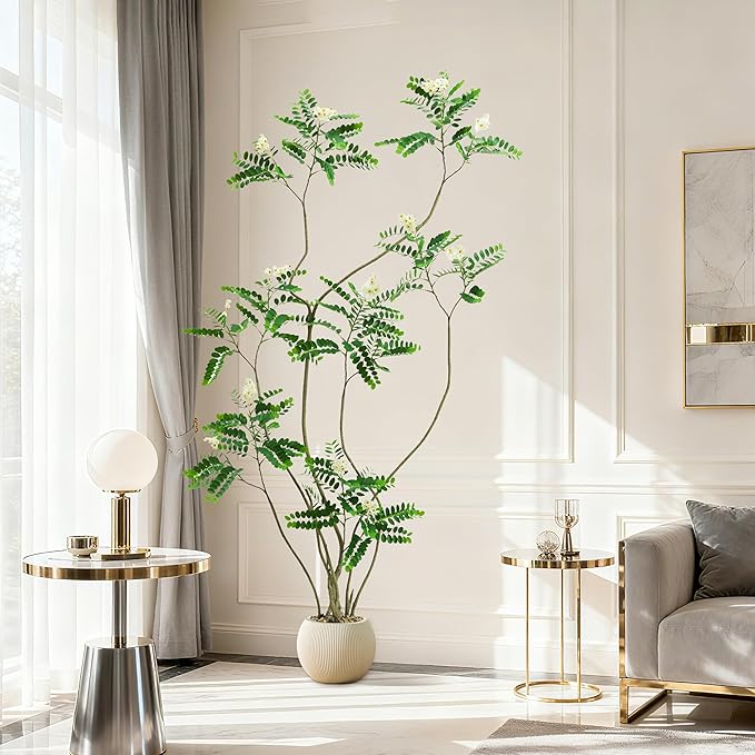 Artificial Locust Tree:6FT Faux Black Locust Floor Plant with White Flowers Small Round Silk Leaves & Elegant Branches in Beige Ribbed Planter for Indoor Home Office Decor Hotel Patio Studio