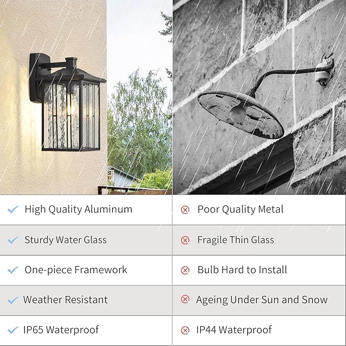 Outdoor Porch Light Fixtures, Black Wall Sconce Exterior Light, Large Front Ddoor Sconce Lights, Water Glass Outdoor Wall Lantern for Porch Garage House, 15”H
