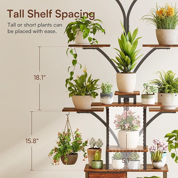 63" Plant Stand Indoor with Grow Lights, 10 Tiered Plant Shelf with Drawer, Corner Plant Stands for Indoor Plants, Metal Plant Flower Display Shelf, Tree-Shaped Plant Rack for Home, Black (2, Black)