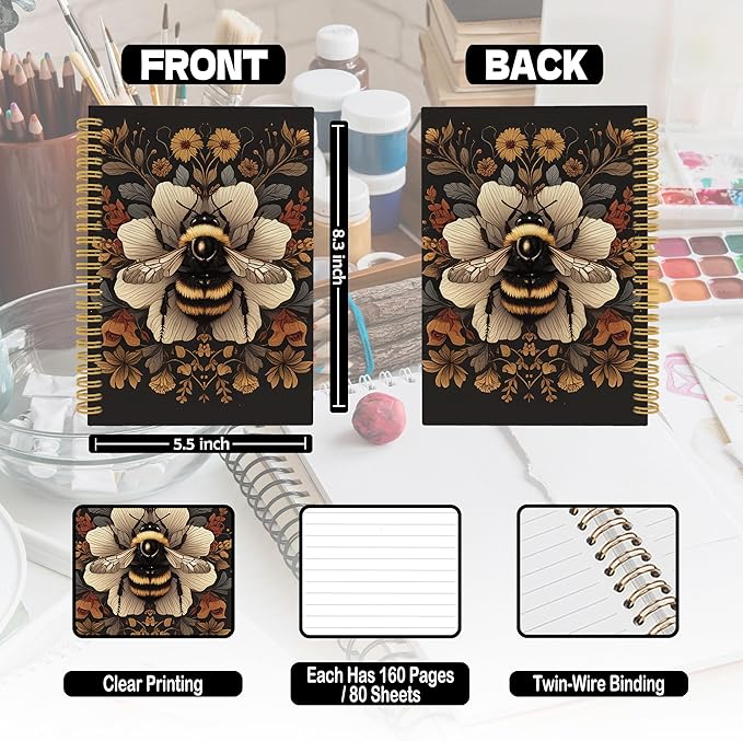 Vintage Bee Spiral Notebook, Retro Botanical Cottagecore Dark Honeybee Journaling Notebooks Gift for Teacher Women, Wildflower Plant Hardcover Journals for School Office, 160 Pages 5.5 x 8.3 Inch